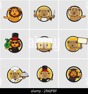 Set di etichette cute Lion Head Circle, colori gialli sfondo, cartoon, mascotte, animali, Carattere, vettore e illustrazione. Illustrazione Vettoriale