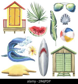 Una collezione di accessori da spiaggia, estate, luminosa, per il relax e l'intrattenimento. Illustrazione acquerello, disegnata a mano. Set di oggetti isolati su un Foto Stock