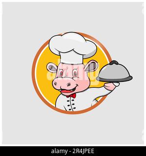 Hippopotamus Head Circle Label con cibo e Chef personalizzato, colori gialli sfondo, mascotte, icona, carattere o logo, Vettore e illustrazione. Illustrazione Vettoriale