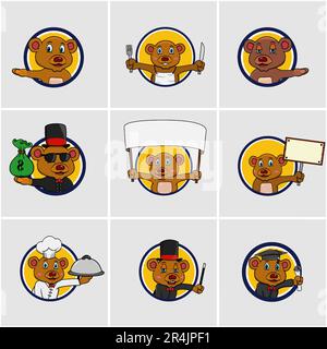 Carino Bear testa cerchio Label Set, giallo colori sfondo, Cartoon, Mascotte, Animali, Carattere, vettore e illustrazione. Illustrazione Vettoriale