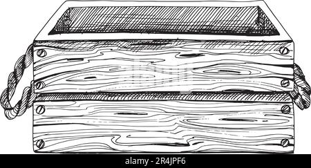 Scatola in legno con maniglie. L'illustrazione è disegnata a mano. Vettore EPS, oggetto isolato su sfondo bianco. Illustrazione Vettoriale