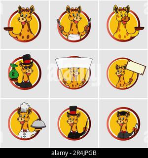 Carino giraffa testa circolare Label Set, giallo colori sfondo, Cartoon, Mascotte, Animali, Carattere, vettore e illustrazione. Illustrazione Vettoriale