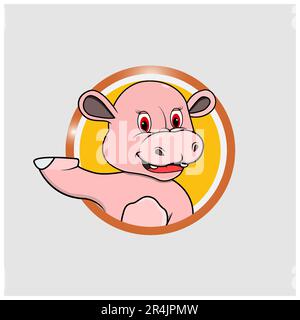 Etichetta circolare rosa testa ippopotamo con espressione del sorriso divertente, sfondo giallo, mascotte, icona, carattere o logo, Vettore e illustrazione. Illustrazione Vettoriale