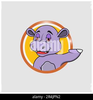 Etichetta circolare viola testa ippopotamo con espressione del sorriso rilassante, sfondo giallo, mascotte, icona, carattere o logo, Vettore e illustrazione. Illustrazione Vettoriale