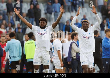 Brugge, Belgio. 28th maggio, 2023. Mark McKenzie di Genk festeggia dopo aver vinto una partita di calcio tra Club Brugge e KRC Genk, domenica 28 maggio 2023 a Brugge, il 5° giorno dei play-off dei campioni della prima divisione del campionato belga della 'Jupiler Pro League' del 2022-2023. BELGA PHOTO KURT DESPLENTER Credit: Belga News Agency/Alamy Live News Foto Stock