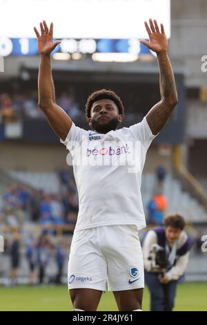 Brugge, Belgio. 28th maggio, 2023. Mark McKenzie di Genk festeggia dopo aver vinto una partita di calcio tra Club Brugge e KRC Genk, domenica 28 maggio 2023 a Brugge, il 5° giorno dei play-off dei campioni della prima divisione del campionato belga della 'Jupiler Pro League' del 2022-2023. BELGA PHOTO KURT DESPLENTER Credit: Belga News Agency/Alamy Live News Foto Stock