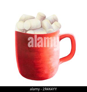 Acquerello tazza di Natale di bevanda calda con marshmallows. Dipinto a mano di nuovo anno tazza rossa isolata su sfondo bianco. Per i progettisti, decorazione alimentare, Foto Stock