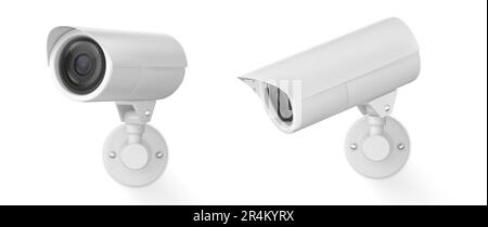 Set realistico di 3D telecamere TVCC isolate su sfondo bianco. Illustrazione vettoriale della videocamera. Attrezzature moderne per la casa, l'ufficio, l'impresa, la protezione della sicurezza aziendale, la prevenzione della criminalità, strumento spia Illustrazione Vettoriale