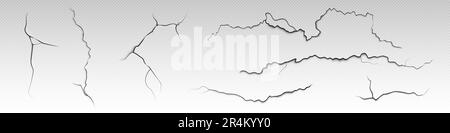 Serie di crepe realistiche sulla superficie di vernice asciutta isolata su sfondo trasparente. Illustrazione vettoriale di pareti intatte, facciata di edifici antichi, rivestimento astratto danneggiato, texture grungy, smalto usurato Illustrazione Vettoriale