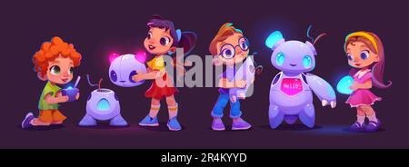 Kid ai robot sviluppo e scienza studio vettore illustrazione. Set di attività per bambini del workshop di formazione e ingegneria informatica. Un club per bambini intelligente per il lavoro di squadra di puzzle scientifico in coppia Illustrazione Vettoriale