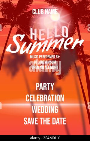 Ciao estate Sunset Beach Party Template Design Palms Party Poster, volantino Illustrazione Vettoriale