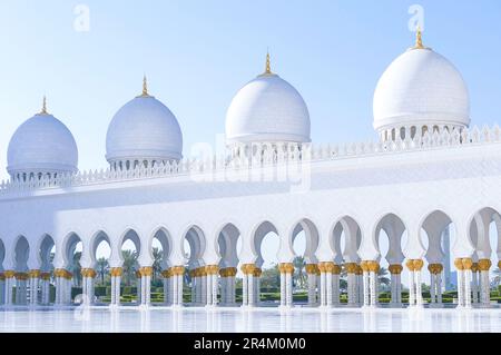 Vista panoramica del cortile della Moschea Sheikh Zayed ad Abu Dhabi. EMIRATI ARABI UNITI Foto Stock