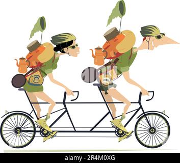 Sorridente uomo e donna in caschi con zaini in bicicletta tandem e sembra sano e felice Illustrazione Vettoriale