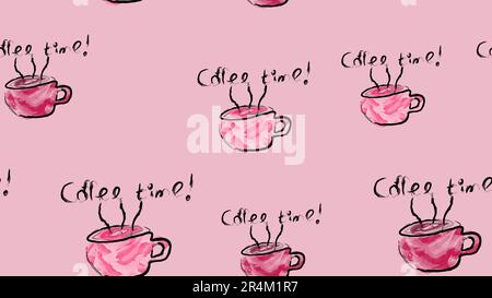 Texture senza cuciture motivo di tazze con un manico di caldo delizioso tonificante caffè nero dipinto ad acqua pennelli e una scritta di s Illustrazione Vettoriale