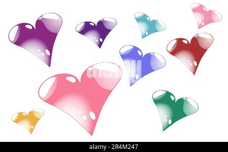 Molti multicolore, luminoso, cuore di strada con belle luci bianche e riflessi al giorno di San San Valentino su sfondo bianco. Vettore illu Illustrazione Vettoriale