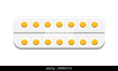 Belle piastre gialle mediche con capsule a due colori con pillole rotonde con polvere medicinale per il trattamento di malattie farmaceutiche in confezione Illustrazione Vettoriale