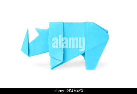 Origami art. Rinoceronti di carta blu chiaro fatti a mano su sfondo bianco Foto Stock