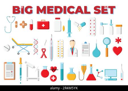 Una grande bella set di colori luminosi di articoli medici e strumenti di una farmacia o di un medico di ufficio, termometro compresse siringhe matracci di farmaci su un Illustrazione Vettoriale