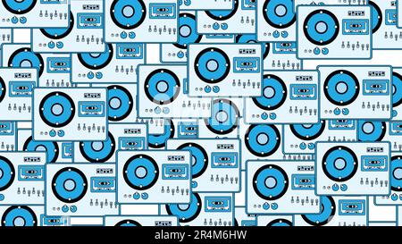 Un modello senza interruzioni senza fine con la musica, la cassetta audio vecchi registratori a nastro retrò Hipster vintage del 70s, 80s, 90s isolato su sfondo bianco. Vettore il Illustrazione Vettoriale