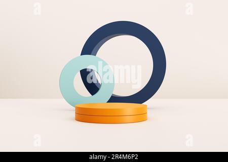 Podio o piedistallo rotondo bianco di colore giallo o arancione per l'esposizione o la presentazione del prodotto. Cilindri blu e ciano con fori sullo sfondo con Foto Stock