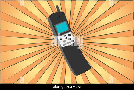 Vecchio retro antico telefono cellulare hipster con un'antenna dal 70s, 80s, 90s, 2000s su uno sfondo di astratto raggi gialli. Illustrazione vettoriale Illustrazione Vettoriale