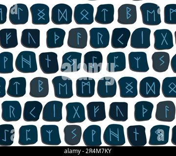 Rune blu modello etnico senza cuciture su bianco. Alfabeto runico, Futark. Antichi simboli occulti norrani, lettere vichinghe, rune font. Design per tessuto, wal Illustrazione Vettoriale