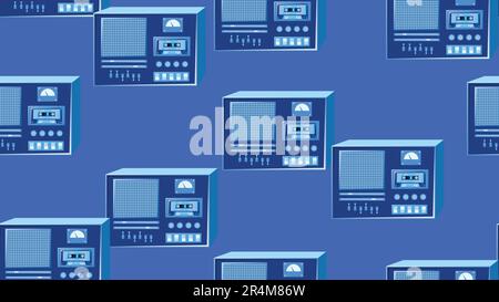 Modello senza interruzioni senza fine con la musica audiocassetta vecchi registratori a nastro retro hipster vintage da 70s, 80s, 90s isolato su sfondo blu. Vettore ill Illustrazione Vettoriale