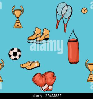 Disegno a mano sport modello vettoriale senza cuciture con attrezzature sportive Illustrazione Vettoriale