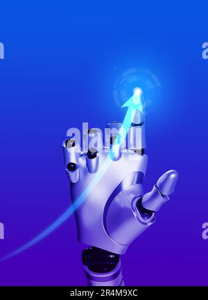 Business e tecnologia con concetti di intelligenza artificiale. La mano del robot intelligente disegna una freccia in aumento sul grafico della crescita su sfondo blu, verticale Foto Stock