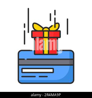 Carta regalo icona di premi fedeltà, vantaggi, punti bonus speciali e premi. Carta di credito della linea vettoriale e confezione regalo o regalo simbolo isolato dell'incentivo alla fedeltà del cliente o del programma di bonus per gli acquisti Illustrazione Vettoriale