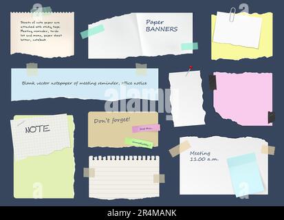 Note aziendali, adesivi, fogli adesivi e nastro. Programma pezzo di carta strappato, per fare elenco notebook pagina o adesivo, diario o scrapbook adesivi 3D fogli vettoriali con nastro di anatra colorato e pin Illustrazione Vettoriale