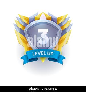 Badge di livello superiore del gioco e icona di vittoria, banner scudo del livello completato, segno Vector UI. 3 livello su icona con scudo d'argento sulle ali e nastro blu per la missione del giocatore completato prossimo livello di raggiungimento Illustrazione Vettoriale