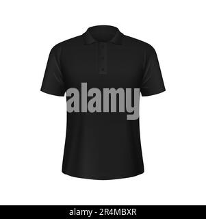 Polo maschio nero realistico 3D mockup vettoriale. Capo guardaroba classico, versatile per occasioni informali o formali, comodo tessuto di cotone, maniche corte con colletto e bottoni vista frontale Illustrazione Vettoriale