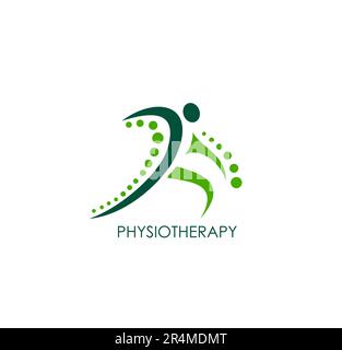 Icona fisioterapia, emblema vettoriale con corpo umano verde sano forma e punti. Salute scheletrica e muscolare, riabilitazione, osteopatia o massaggio clinica simbolo, etichetta isolata per il servizio medico Illustrazione Vettoriale
