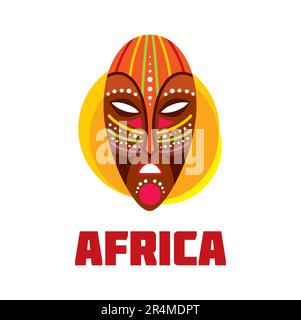 Icona africana con maschera africana e modello etnico. Vector Africa safari viaggio, arte tribale, artigianato antico e cultura simbolo di maschera rituale, totem in legno marrone con ornamento geometrico aborigeno Illustrazione Vettoriale