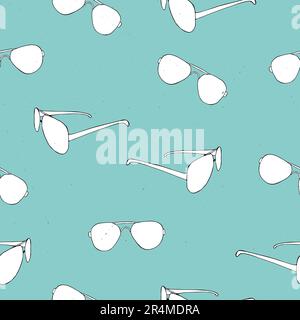 Occhiali da sole senza cuciture disegnati a mano su sfondo azzurro. Modello grunge senza cuciture. per tessuti, tessuti, carta da imballaggio, Illustrazione Vettoriale