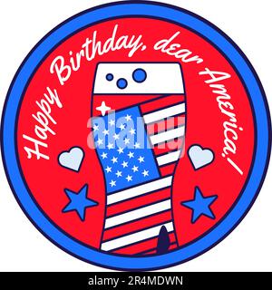 Adesivo rotondo festivo con bicchiere di birra nei colori della bandiera americana. Stati Uniti Luglio 4th Independence Day festa iscrizione badg Illustrazione Vettoriale