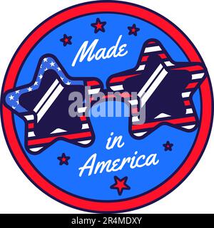 Decalcomania adesiva rotonda festiva con occhiali da sole disco Star a colori della bandiera americana. Stati Uniti Luglio 4th Independence Day festa iscrizione Illustrazione Vettoriale