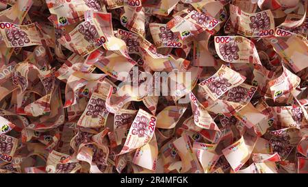 3D resa di lotti di 200 note di cedi Ghanaian sparse sulla superficie. sfondo dei soldi Foto Stock