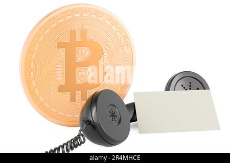 Bitcoin con biglietto da visita vuoto e ricevitore telefonico retro. 3D rendering isolato su sfondo bianco Foto Stock