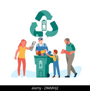 Riciclaggio delle batterie. Le persone gettano via gli accumulatori elettrici alcalini usati in un apposito contenitore per rifiuti. Utilizzo dei rifiuti. Ordinamento dei rifiuti. Smaltimento Illustrazione Vettoriale