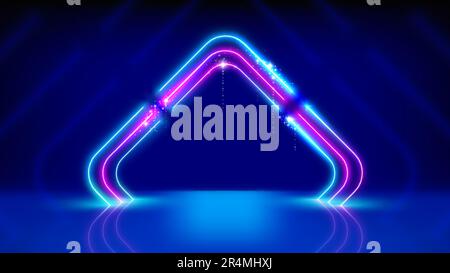 Telaio quadrato al neon, arco a LED, linee luminose. Scintillante piazza. Fase. Sfondo, sfondo per la visualizzazione dei prodotti. Arco al neon blu rosa viola Illustrazione Vettoriale