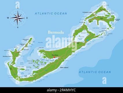 Mappa fisica molto dettagliata delle isole Bermuda in formato vettoriale, con tutte le forme di rilievo, le regioni e le grandi città. Illustrazione Vettoriale