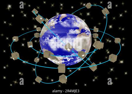 Illustrazione 3D. Spedizione in tutto il mondo. I pacchi ruotano intorno al globo per essere consegnati. Foto Stock