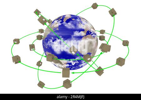 Illustrazione 3D. Spedizione in tutto il mondo. I pacchi ruotano intorno al globo per essere consegnati. Foto Stock