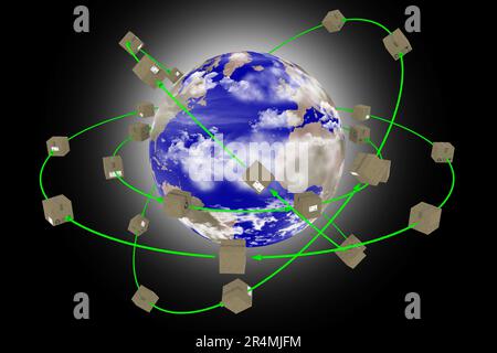 Illustrazione 3D. Spedizione in tutto il mondo. I pacchi ruotano intorno al globo per essere consegnati. Foto Stock