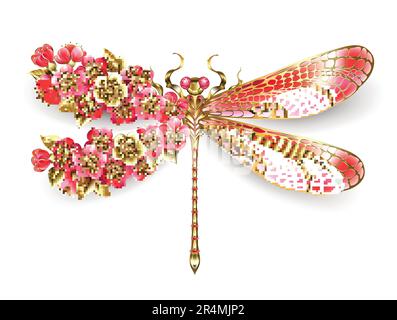 Pesca artistica, oro, libellula con gioielli di rosso e ali decorate con rosso, fioritura, ciliegia giapponese con gioielli su sfondo bianco. Dragonf. Oro Illustrazione Vettoriale