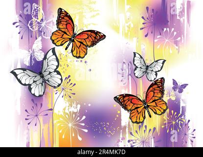 Farfalle monarca disegnate artisticamente e dettagliate e farfalle bianche su grandi pennellate, fondo viola e giallo. Farfalla Monarch Illustrazione Vettoriale
