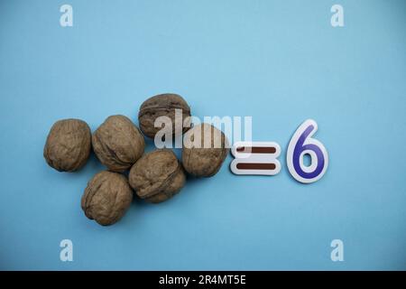 Sei noci in guscio, fotografate dall'alto, posizionate su uno sfondo blu. Foto Stock