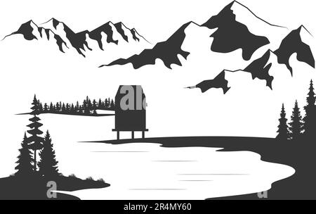 Paesaggio con grandi montagne. Schizzo della natura con casa e fiume. Illustrazione disegnata a mano. Illustrazione Vettoriale